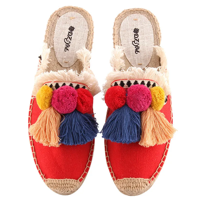 2019 Summer Autumn Fur Balls Mules Casual Shoes Woman High Quality Canvas Hemp Slippers Slip On Rope Female Flats Slides Shoes (8)