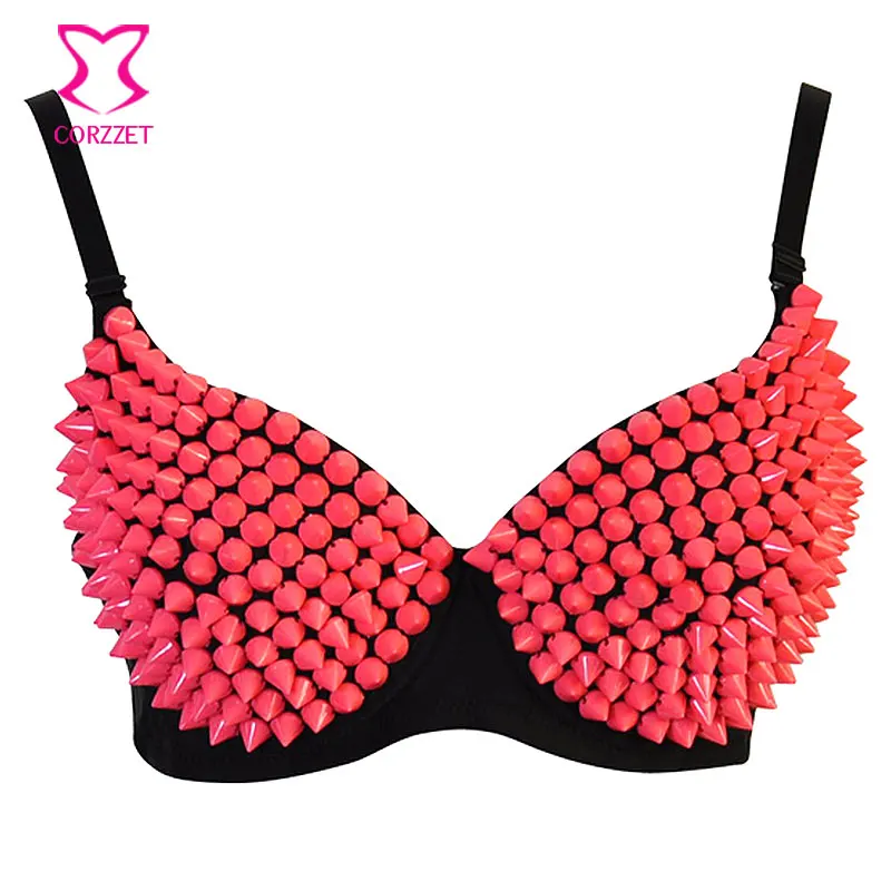 

Candy Color Burlesque Dance Clubwear Lady Push Up Bras Spiked Rivet Stud Bra Novelty Underwear Women Brassiere Sexy Lingerie