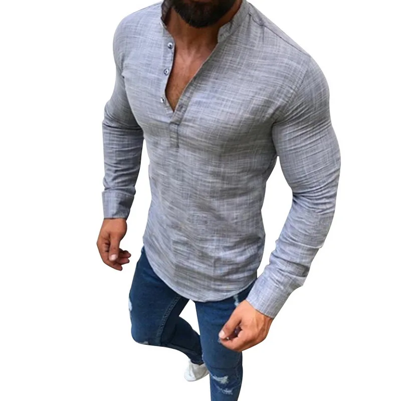 Сексуальная мужская блуза с длинным рукавом и v-образным вырезом, летняя модная повседневная облегающая футболка, Мужские дышащие льняные рубашки