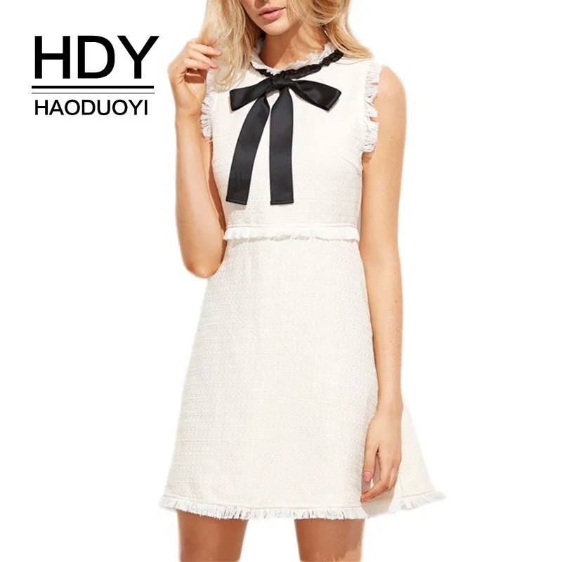 HDY Haoduoyi Summer Young Girl Sweet Style Bow Tassel Sleeveless Dress 2019 New Arrival Solid White Above Knee Mini Women | Женская