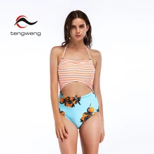 Tengweng 2019 New Sexy Blue Striped Print Women Swimsuit High Waist One piece Swimwear Plus size push up Female Bathing suit Tengweng 2019 New Sexy Blue Striped Print Women Swimsuit High Waist One piece Swimwear Plus size push up Female Bathing suit