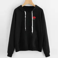 Hoddies/женская модная толстовка с вышивкой в виде розы, топы с розами, черный пуловер с капюшоном, толстовки с завязками, blusas tumblr TT