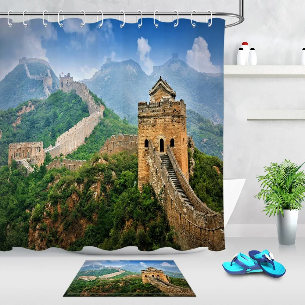 LB Ancient Great Wall of China Mountain Shower Curtains Bathroom Curtain with Mat Set Scenic Waterproof Fabric For Bathtub Decor | Дом и сад