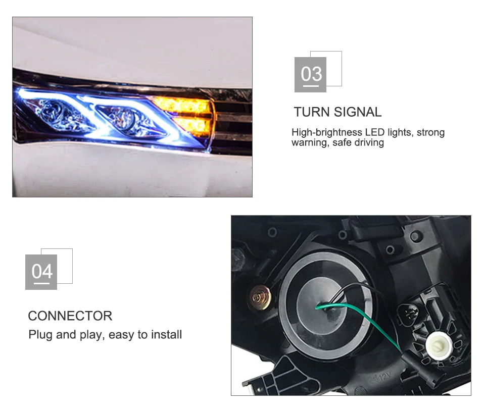 AcooSun LED Car Headlight Assembly For Toyota Corolla 2014 2015 DRL Turn Signal Lights Projector Lens Plug and Play Head Light (9)