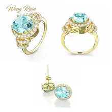 Wong Rain 925 en argent Sterling aigue-marine pierres précieuses en or jaune boucles d'oreilles boucles d'oreilles anneau de beaux bijoux ensemble livraison directe en gros(China)
