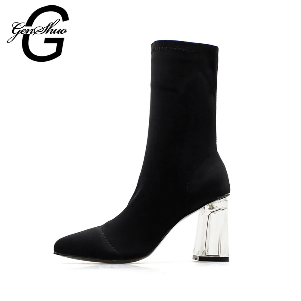 

GENSHUO Women Mid Calf Boots Round Toe Crystal Heel Transparent Women Boots Clear High Heels Summer Shoes Big Size 41 42