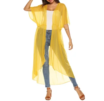 

Swimming Cover Ups 2019 Fashion Summer See Through Look Shirts Loose Plain Dyed Solid White Yellow Womens Sun Protection Shirts