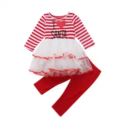Рождественский комплект из 2 шт. для маленьких девочек, платье-пачка в полоску с длинными рукавами и надписью «I Love Santa», футболка с красными