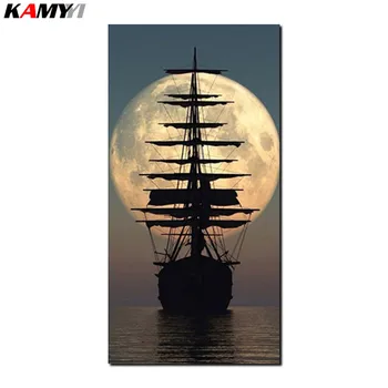 

3d diy diamond painting cross stitch rhinestones crystal diamond embroidery mosaic needlework moon and ship wall craft B618