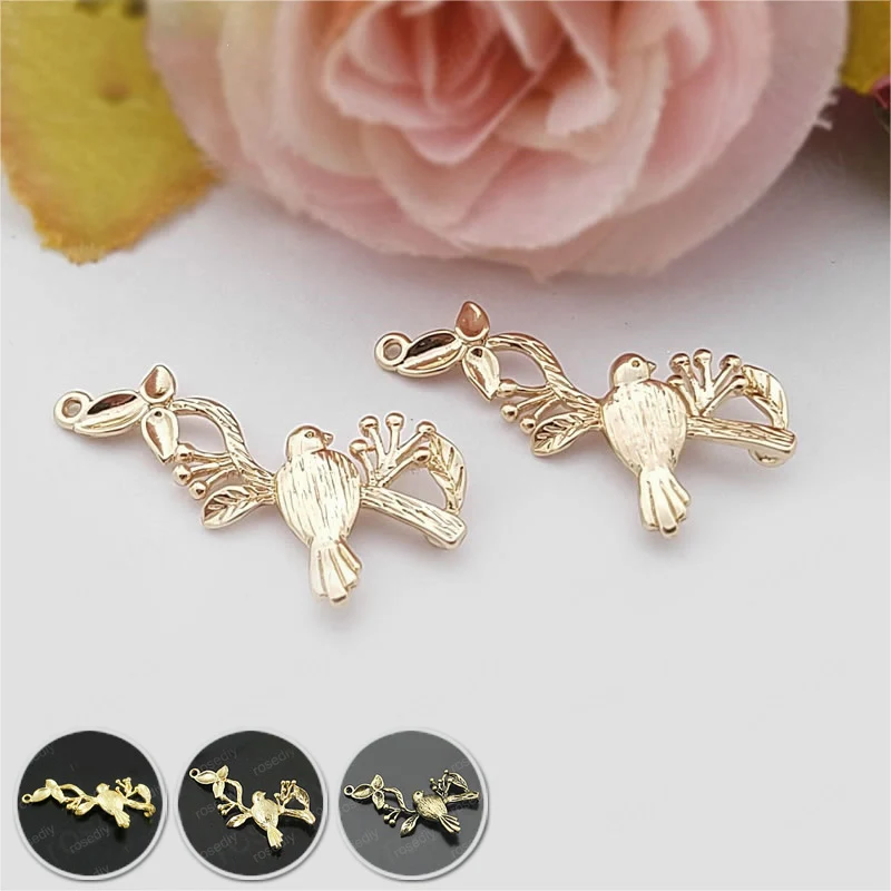 

6PCS 30*15MM 24K Champagne Gold Color Plated Brass Branches Birds Necklace Charms Connector Jewelry Accessories