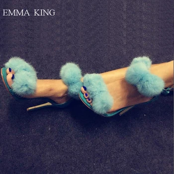 

2019 Hot Sale Rabbit Fur Sandalias Mujer New Fashion Open Toe Stiletto High Heels Gladiator Sandals Summer Lake Blue Shoes Woman