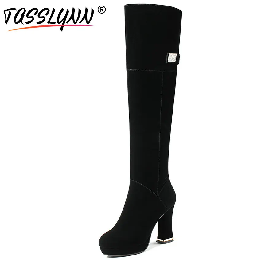 

TASSLYNN 2018 Women Boots Fashion Flock Autumn Shoes Women Boots Round Toe Black Ladies Knee High Boots Woman Shoes Size 34-40