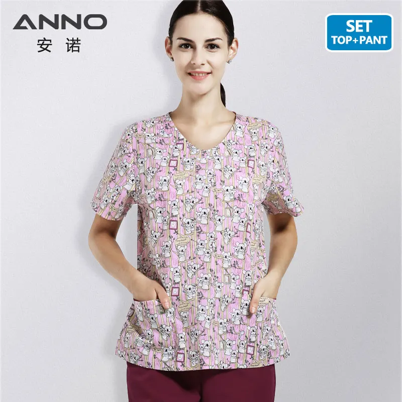 16SS052BeiBeiXio-Set ANNO, медицинская одежда с героями мультфильмов, о-образный вырез, наборы для ухода, униформа для ухода за телом, одежда для стоматолога, клиническая форма для женщин - Цвет: 16SS052BeiBeiXio-Set