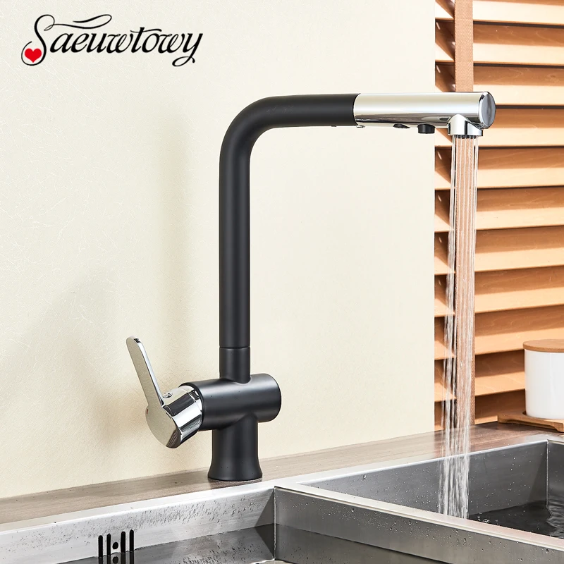 Saeuwtowy Chrome plus Black Kitchen Faucet Two Waterways Hot and Cold Water Switch Pull Out Nozzle Mixer Tap Free Rotation | Обустройство