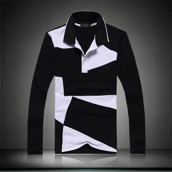 

100% Cotton New Men's Fashion Stitching Boutique Lapel Casual Long-sleeved T-shirts Large Size Comfortable Leisure Men T-shirts