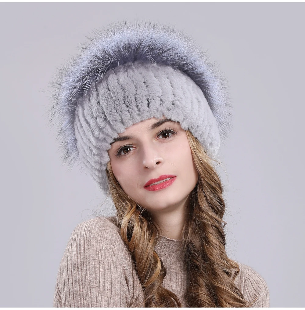 Outdoor Women Warm Soft Genuine Rex Rabbit Fur Hat Knitted Natural Real Sliver Fox Fur Caps Winter Real Rabbit Fur Beanies Hats