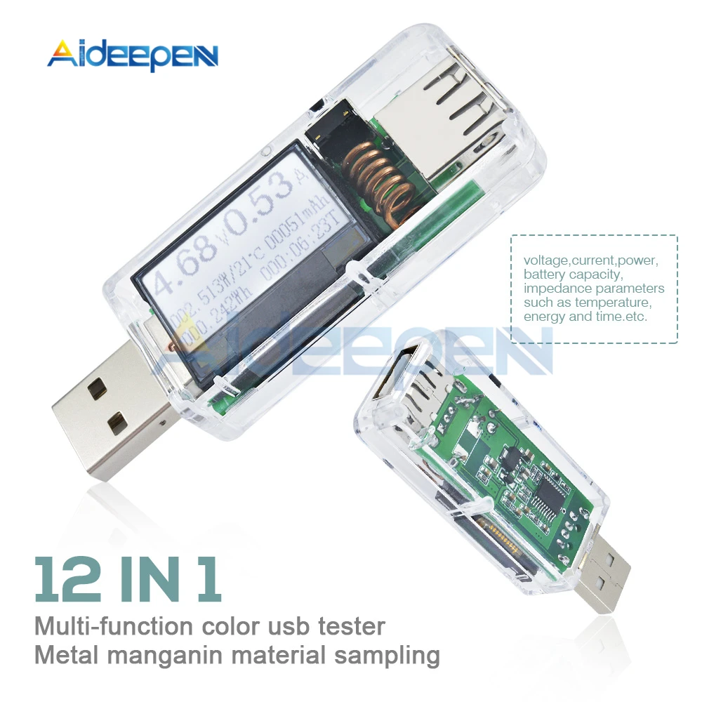 

12 in 1 USB Tester Digital DC Voltage Current Meter Voltmeter Ammeter Detector Power Bank Charger Indicator Transparent