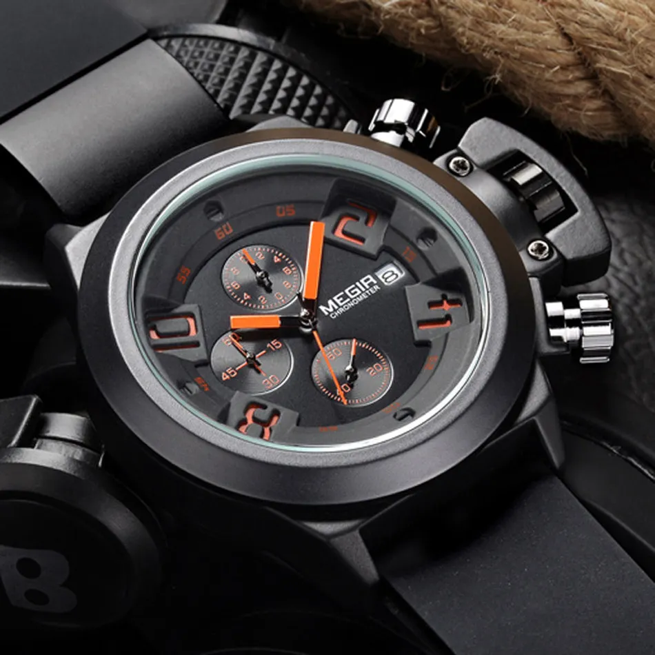  MEGIR Men's Casual Quartz Watch 3D Engraved Dial Black Silicone watches men Waterproof Military Spo