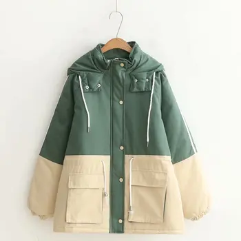 

2018 Winter Women Harajuku Hooded Jacket Color Block Wamer Loose Oversize Coat Cardigan Zipper Thick Woolen Coats College Jacket