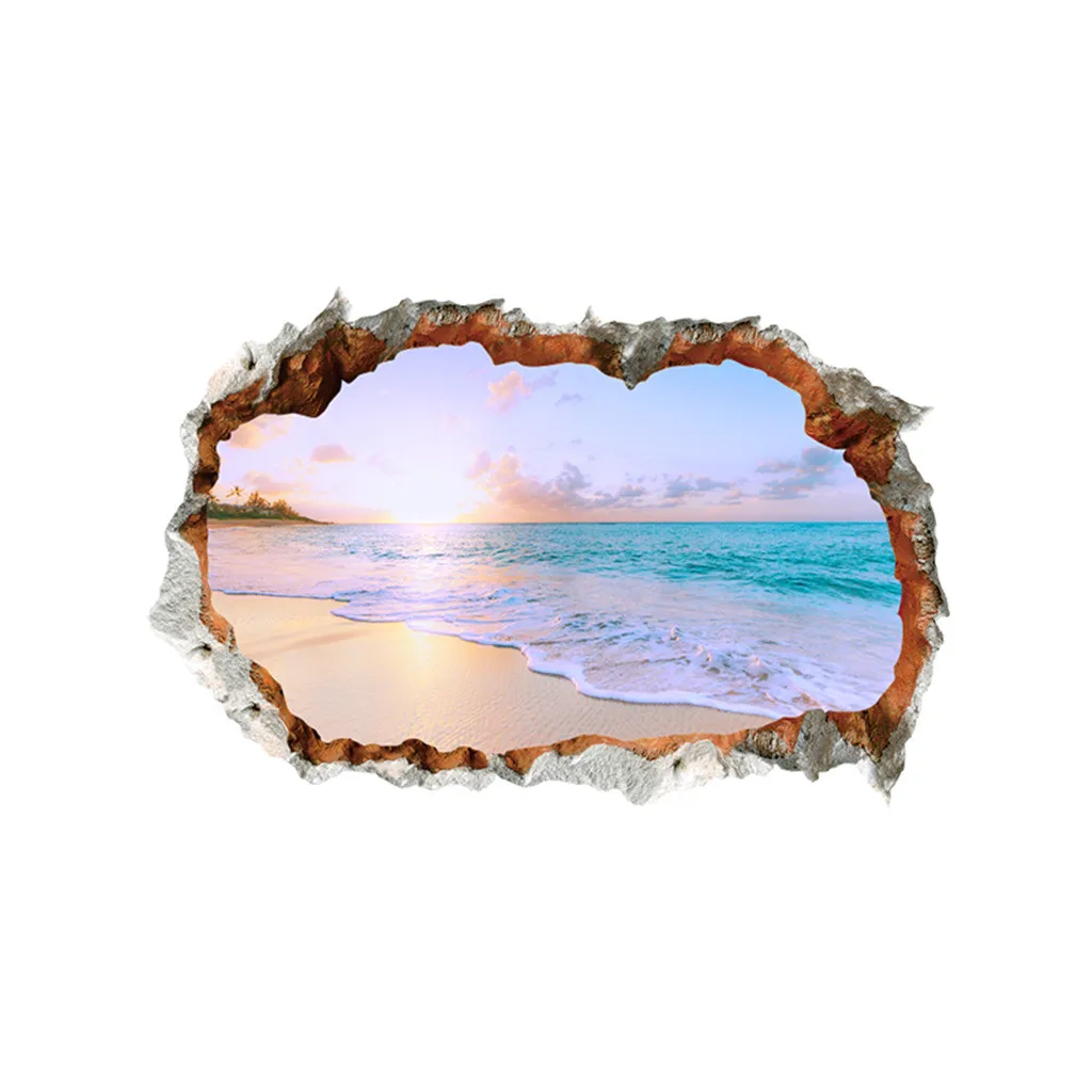 

Free shipping:3D Broken Wall Sunset Scenery Seascape Island Coconut Trees Household Adornment Can Remove The Wall Stickers jan10