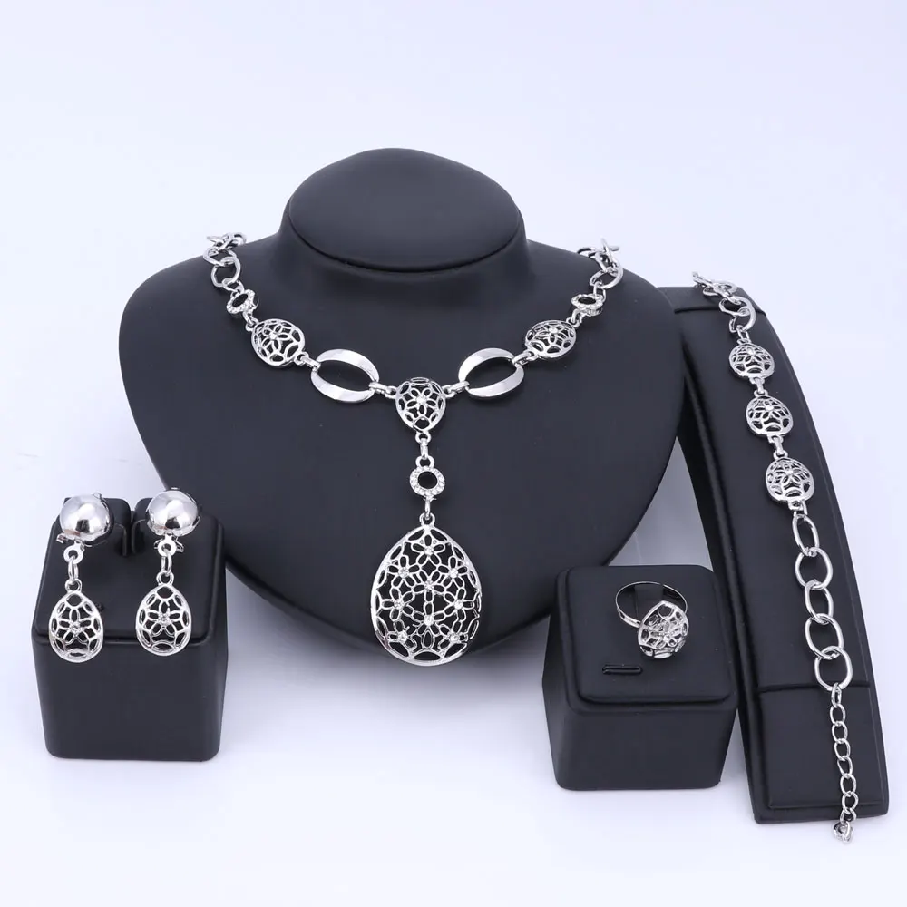 

African Indian Jewelry Set Hollowed Jewelry Sets Silver Color Necklace Earrings Bracelet Ring Set For Women Costume Accessories
