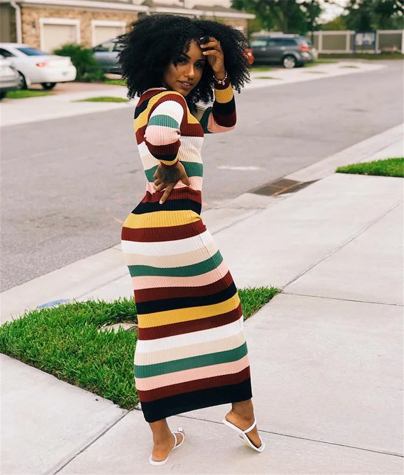 Autumn Long Sleeve Sexy Bodycon Dress Knitted Striped Maxi Dresses Slim Wrap Pencil Dress Christmas Clothes Vestidos06