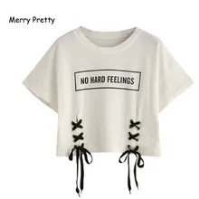 MERRY PRETTY, новинка, летние женские Топы, футболка с буквенным принтом, короткий рукав, на шнуровке, хлопок, свободные, сексуальные, белые, футболки для танцев, топы