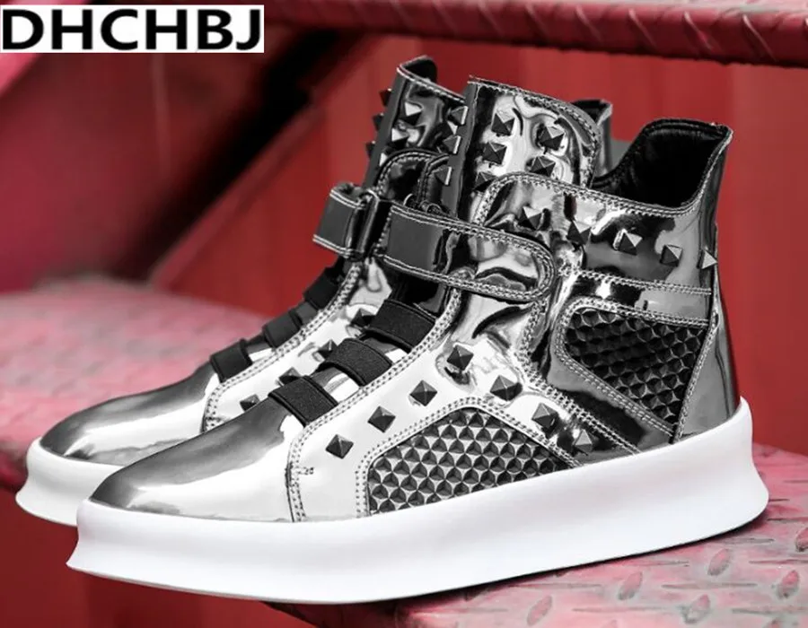 

Luxury Brand Design Hip-hop Dancing Cool Laser Rivet Shoes Fashion Boots High Top Trainers Justin Kanye West Boots
