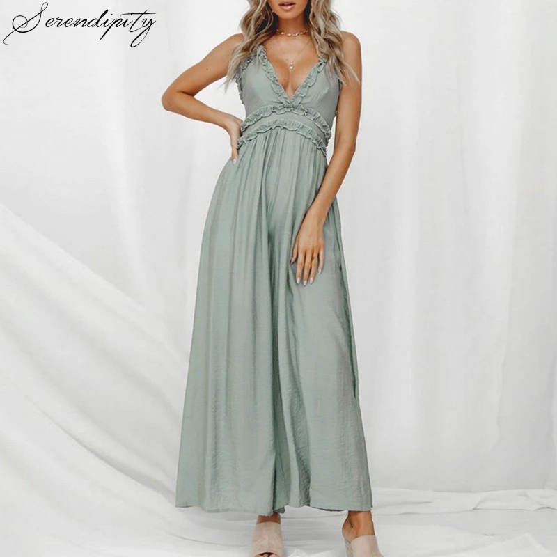 

SRDP Sexy ruffled v-neck women long jumpsuit Elegant Spaghetti strap female jumpsuit romper Solid office ladies overalls 2019