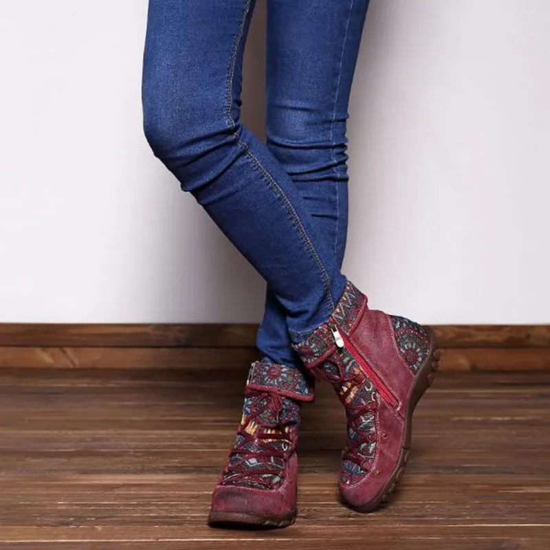 Koop 2018 nieuwe casual retro etnische stijl lederen vrouwen laarzen Mat leer warm, ademend, slijtvaste platte enkellaarsjes boty
