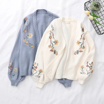 Spring Lantern Sleeve Flower Embroidery Knitting Sweater Cardigans Autumn Preppy Style Mori Girl Student V-neck Loose Cardigan new preppy style children s clothing spring autumn winter long sleeve sweater cardigan boys cotton v neck solid kids sweaters