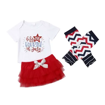 

Emmababy Summer New Baby Girls White Letter Print Covered Button Bodysuit Solid Red Mesh Tutu Skirt Striped Stocking Outfits Set