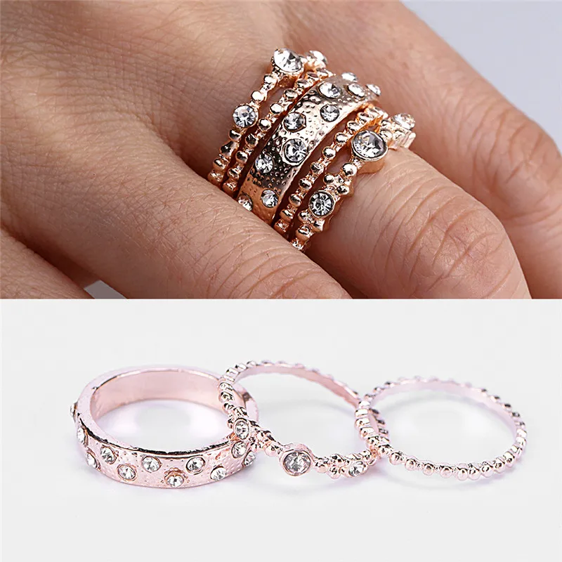 5Pcs/Set Fashion Crystal Rose Gold Stackable Ring 5 Sparkly Rings Jewelry