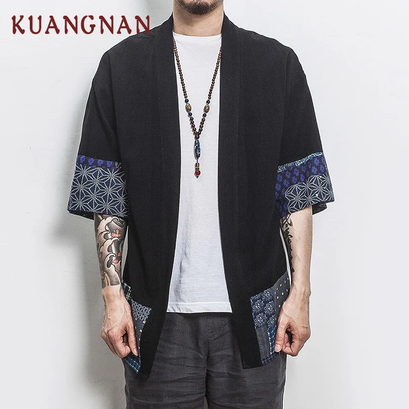 Acheter KUANGNAN Chinois Style Kimono Hommes Chemise Moitié Manche décontracté Streetwear Hommes Chemise Lin Homme Chemise Kimono Hommes Vêtements 2019 Nouveau