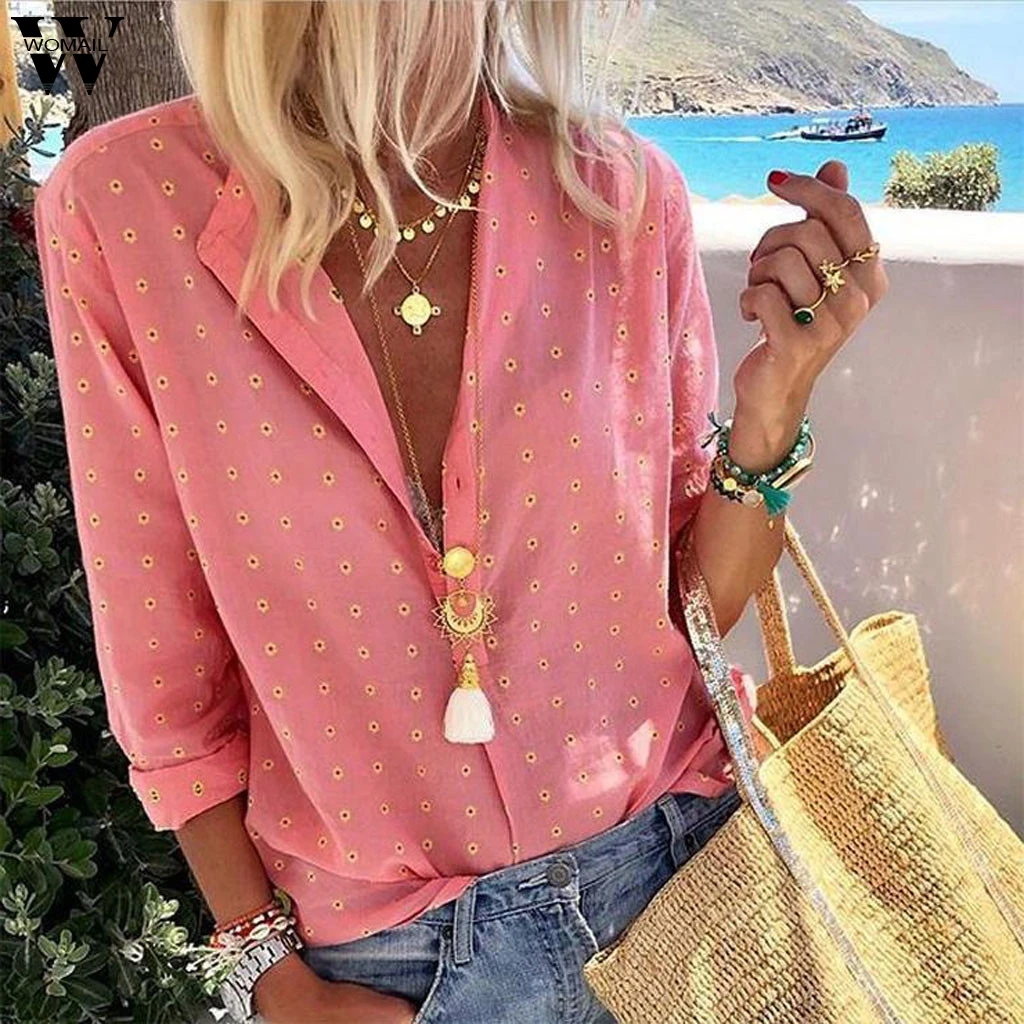 

Womail Blouse Women Long Sleeve Print Shirt Button Office holiday Shirt Blouse Femme Blusas Mujer de Moda Turn Down Collar J717