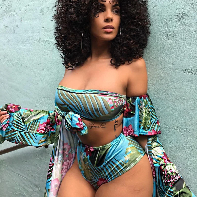 

2018 Print Bikini Cover Up Women Beach Cardigan+High Waist Bikini Set Beach Swimsuit Cover Up Dress Beach Bikini Bathing Suit