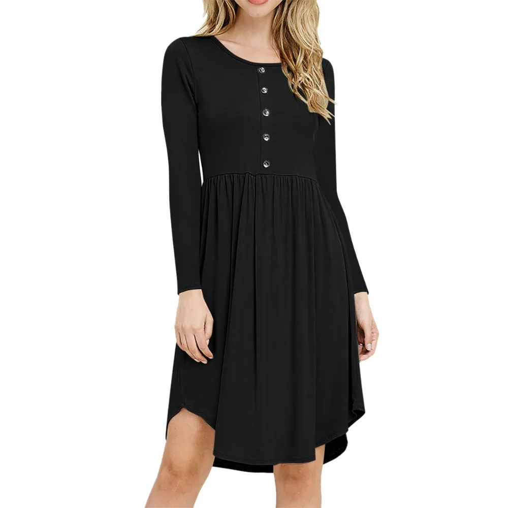 2018 New Spring Solid Black Women Long Sleeve Button Dress Autumn