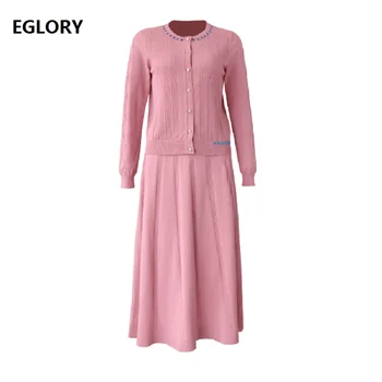 

Top Quality Brand Designer Clothes Suit 2018 Autumn Winter Knitted Set Ladies Long Sleeve Cardigan Sweater+Black Pink Skirt Set