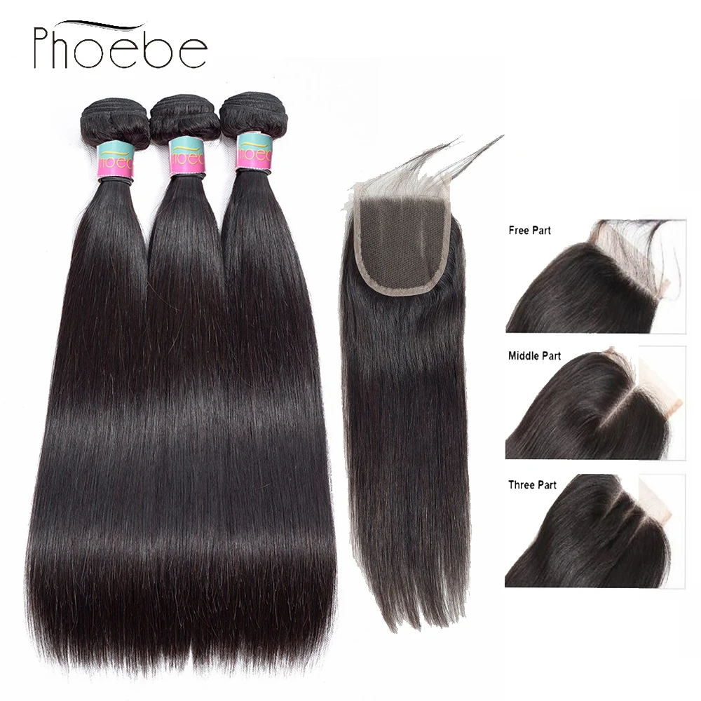 Phoebe Brazilian Hair Weave Bundles Straight Hair Bundles With Closure 1B Nonremy 3 4 Human Hair Bundles With Closure