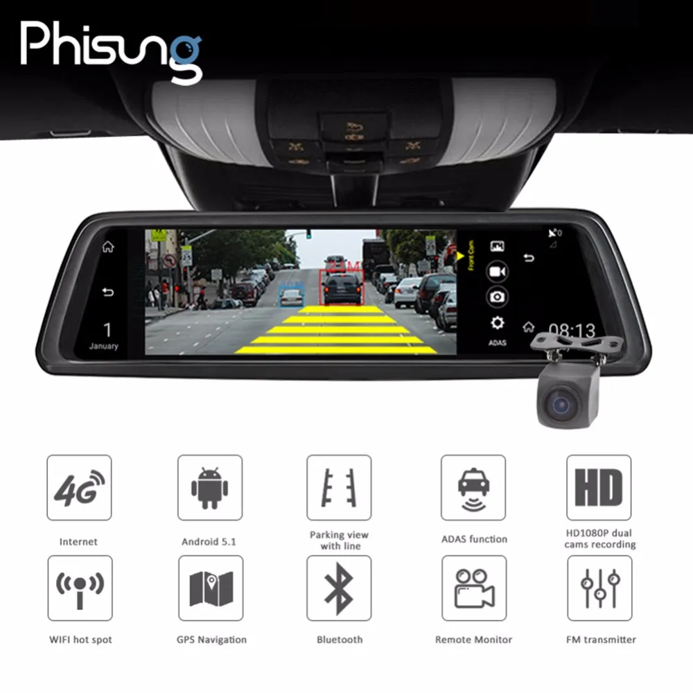 

Phisung V9 10in Touch FHD 1080P Car DVR Camera DVRs Rear View Mirror Camera 4G WIFI Night Vision Android GPS Dual Lens Dash Cam