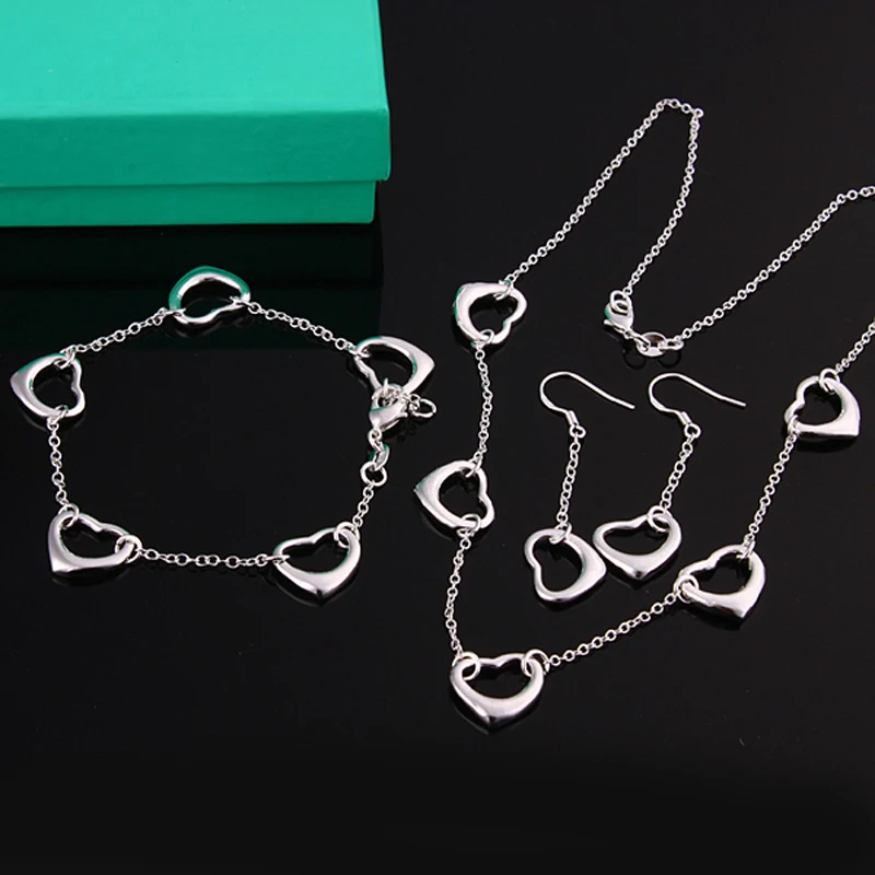 New Fashion Bridal Jewelry Sets Silver Plated Couple's Love Heart Necklace Bracelets Dangle Earrings For Party Engagement