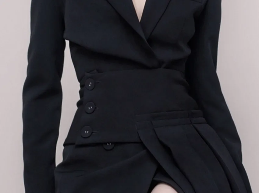 HAMALIEL Подиумные дизайнерские женские костюмы с юбкой осень зима черный двубортный Блейзер Пальто+ нерегулярная плиссированная юбка комплект Vestidos