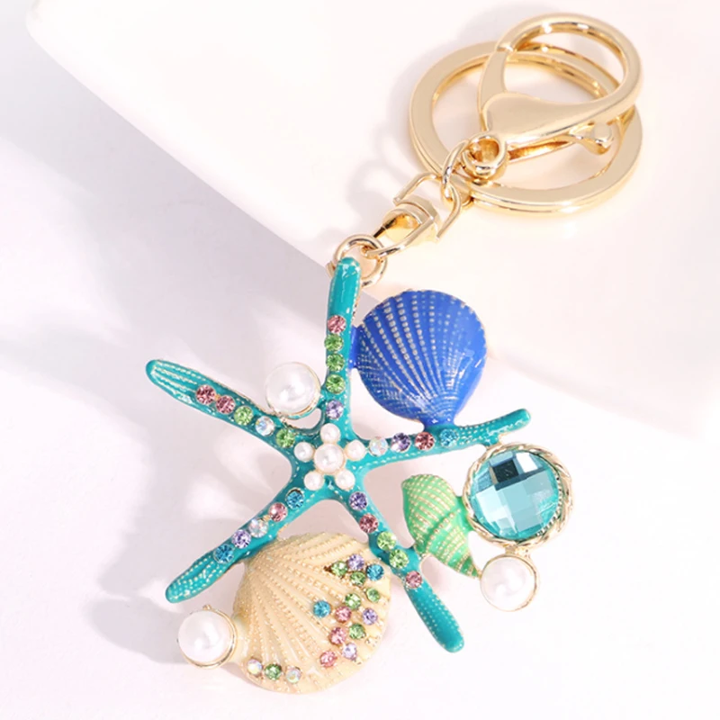 

Sea World Starfish Pearl Shell Key Chains Keyring Bag Charms Crystal Pendant Keychain Women Gift Key Ring Llaveros Chaveiros