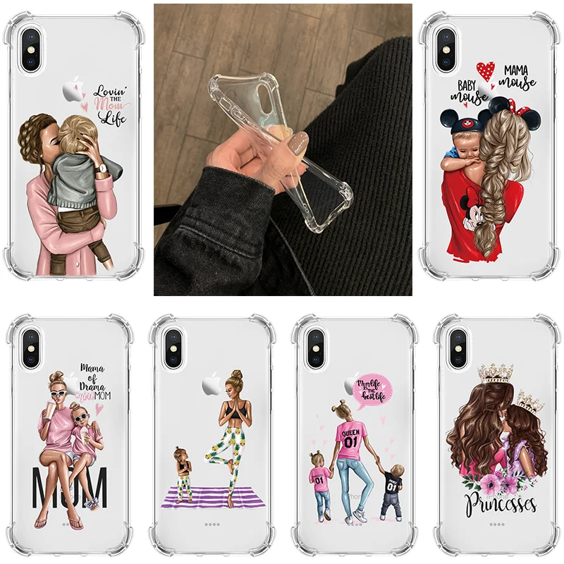 

Fashion Black Brown Hair Baby Mom Girl Cases For iPhone XS Max Soft TPU For iPhone 5 5S SE 6 6S 7 8 Plus X XR Airbag Transparent