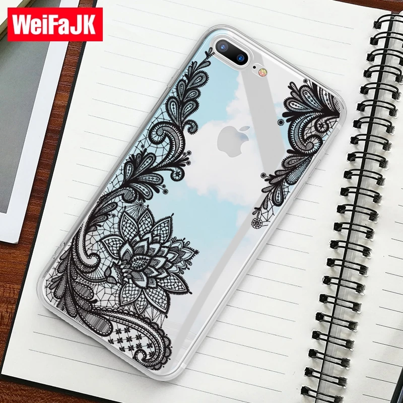 

WeiFaJK Lace Phone Case for iPhone 8 7 6 Plus 6s 5 5s Silicone Soft Coque TPU Clear Cover Case for iPhone 6 7 Plus 8 Plus X Case