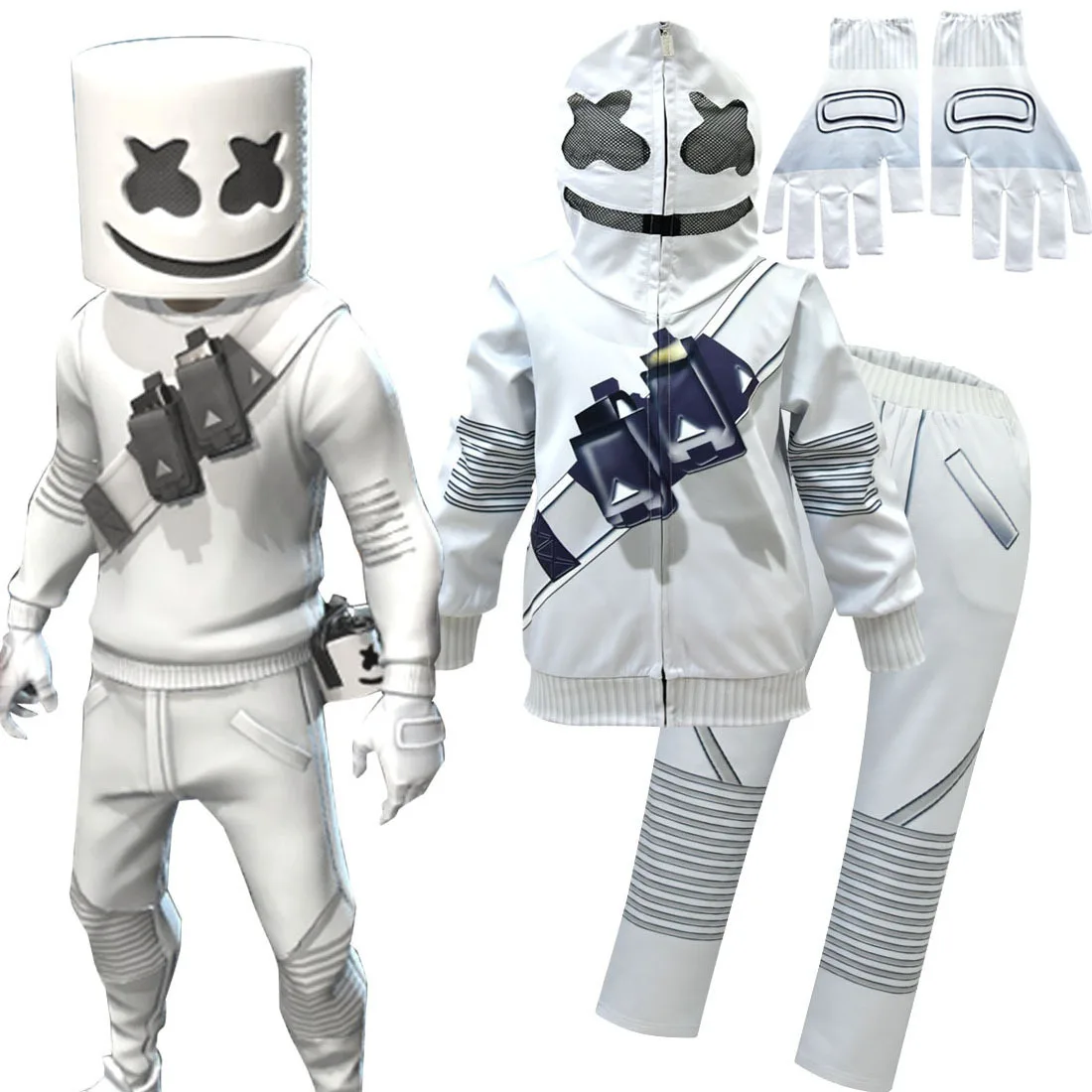 

2019 New Dj Marshmallow Smiley Clown Boy Cosplay Clothes Halloween Costume Battle Royale Party Funny Kid Hoodie+trousers gloves