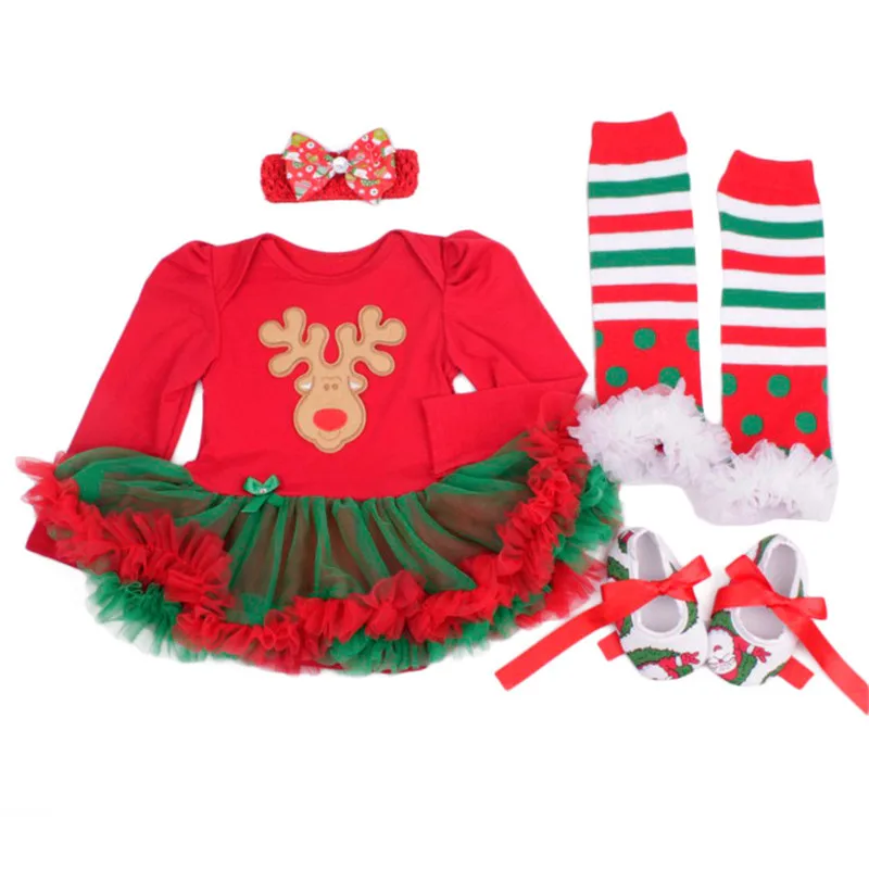 

Newborn Baby Clothes Christmas Reindeer Elk 4PCS/set Infant Clothing Bebe Rompers Costumes Dress Jumpersuit+Socks+Headband+Shoes