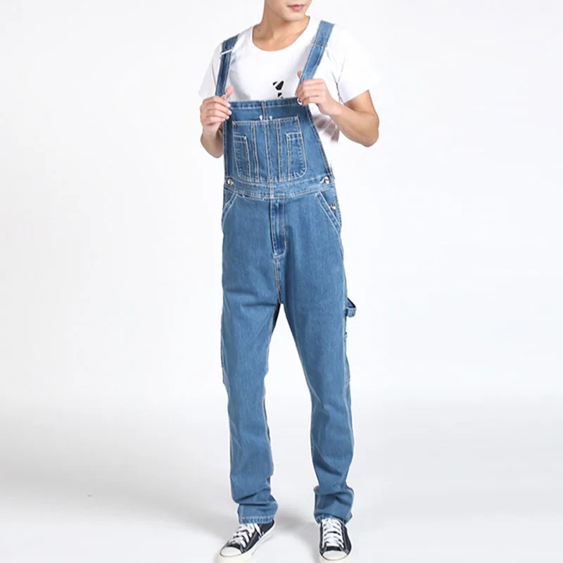 Mcikkny Men's Fashion Baggy Cargo Denim Bib Overalls Washed Loose Style Jeans Jumpsuit For Male Suspender Pants Multi-pockets   (9)