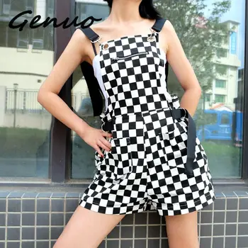 

Checkerboard Women Men Overalls Casual Romper Plaid Jumpsuit Shorts Summer Backless Strap Checkered Female Black White Playsuit