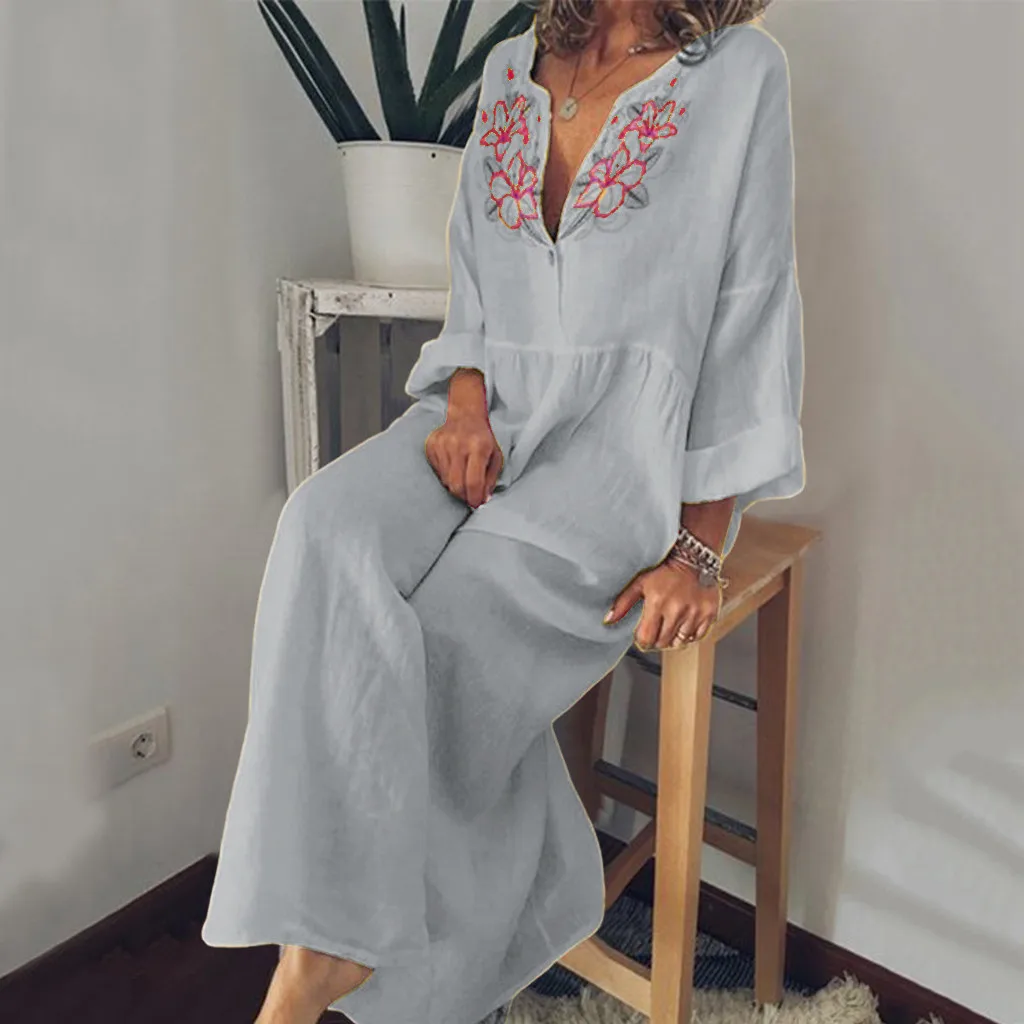 

Fabulous Womens Dress Long Sleeve Linen Dress Loose A-line Lady Dresses Bumpy Party Sundress Button Print Dress vestido longo